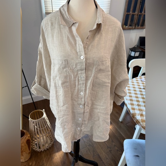 A Ren Oversized Women's Beige Linen Button Down Shirt Size Large - Picture 3 of 12